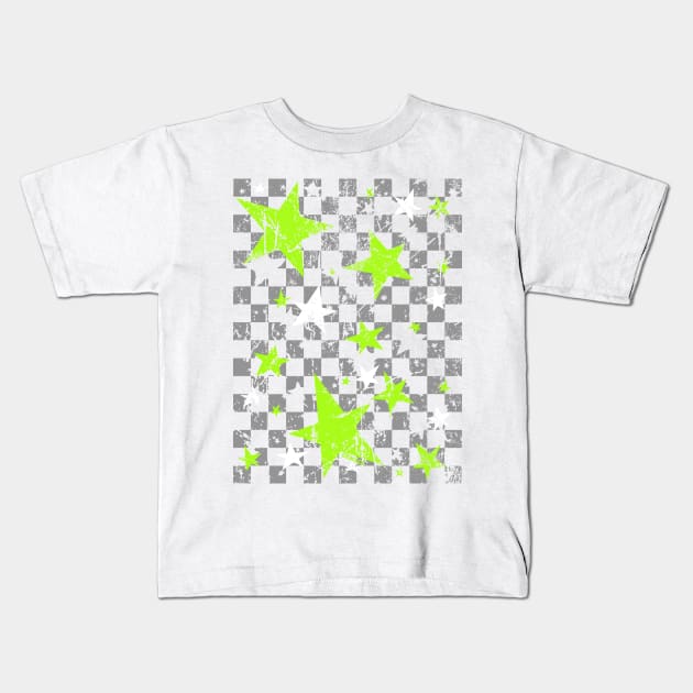 Gray and Green Stars Checkerboard Kids T-Shirt by Jan Grackle